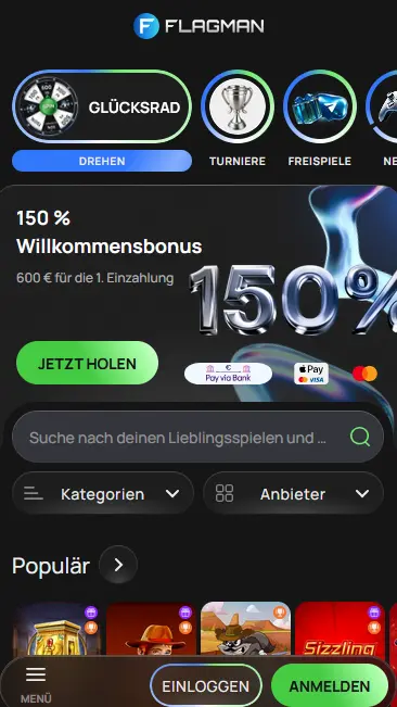 Flagman Casino App auf dem Smartphone mit Willkommensbonus und Spielkatalog