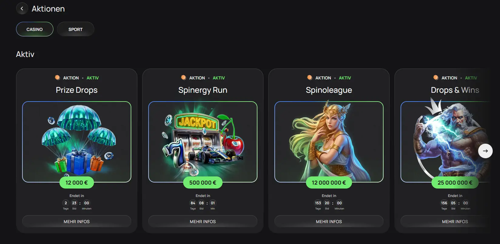 Flagman Casino Bonusuebersicht mit Aktionen wie Prize Drops und Spinoleague