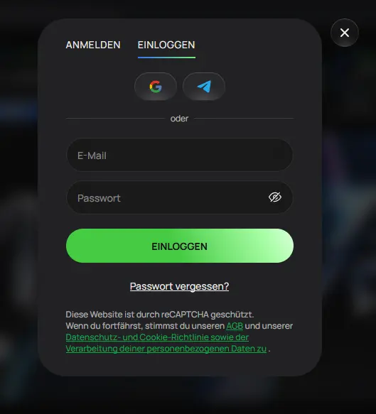 Flagman Casino Login-Formular mit E-Mail-, Google- und Telegram-Anmeldung