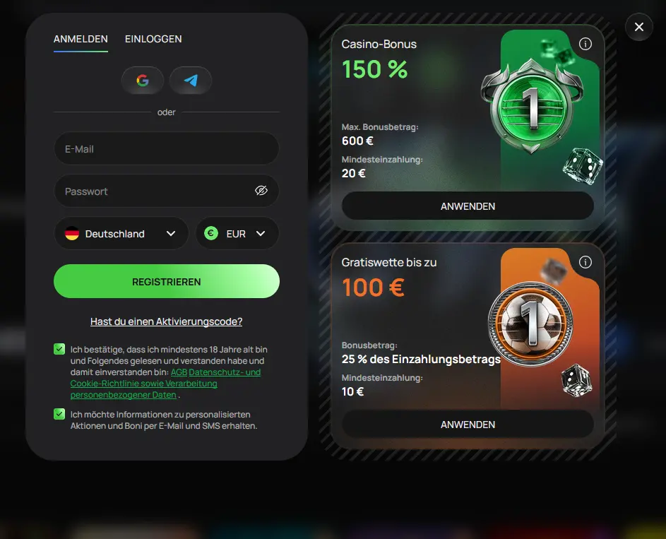 Flagman Casino Registrierungsformular mit 150 Prozent Willkommensbonus bis 600 Euro